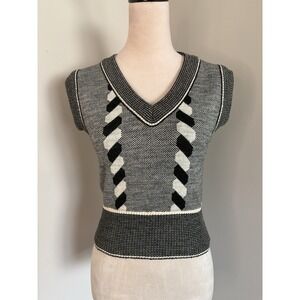 VTG Offspring Sweater Vest XS 70s Geometric Mod Black Cream V-Neck Mod Suspender